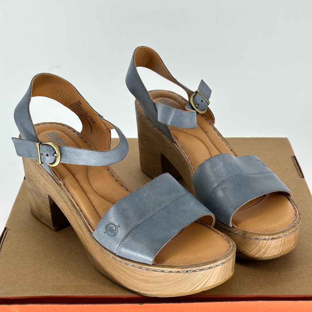 Born Luca Blue Leather Platform Sandal Block Heel Ankle Buckle Strap Summer 9 M